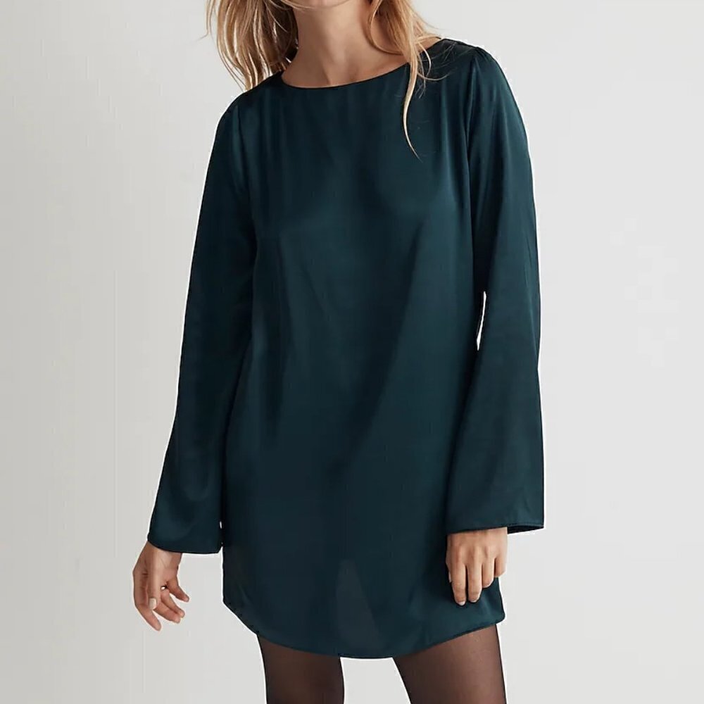 Madewell Long Bell Sleeves Satin Shift Mini Dress Smoky Spruce Green Size XS NWT
